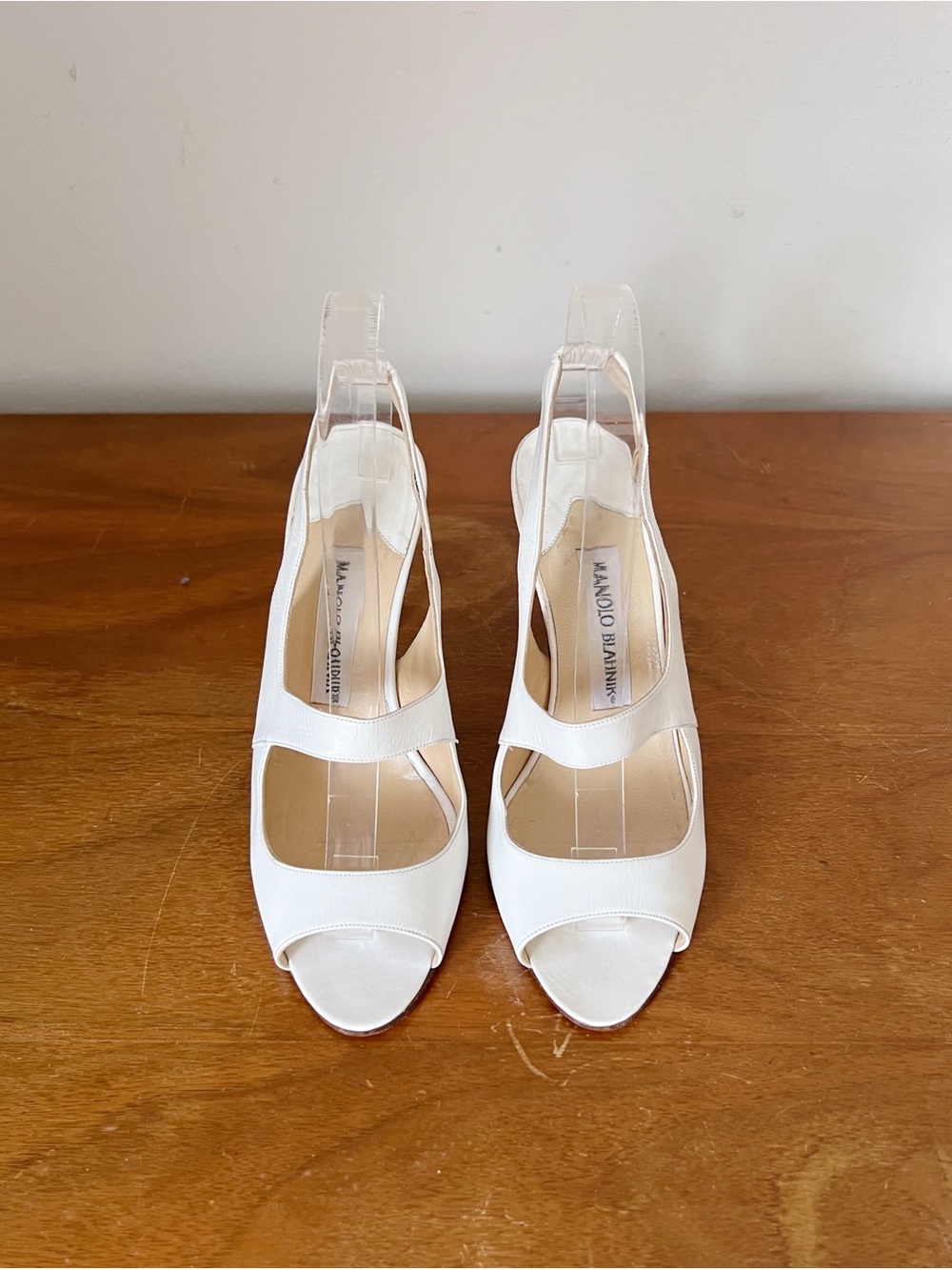 Manolo Blahnik • cream leather heels slingback pumps open toe cutout sandals - Picture 2 of 12